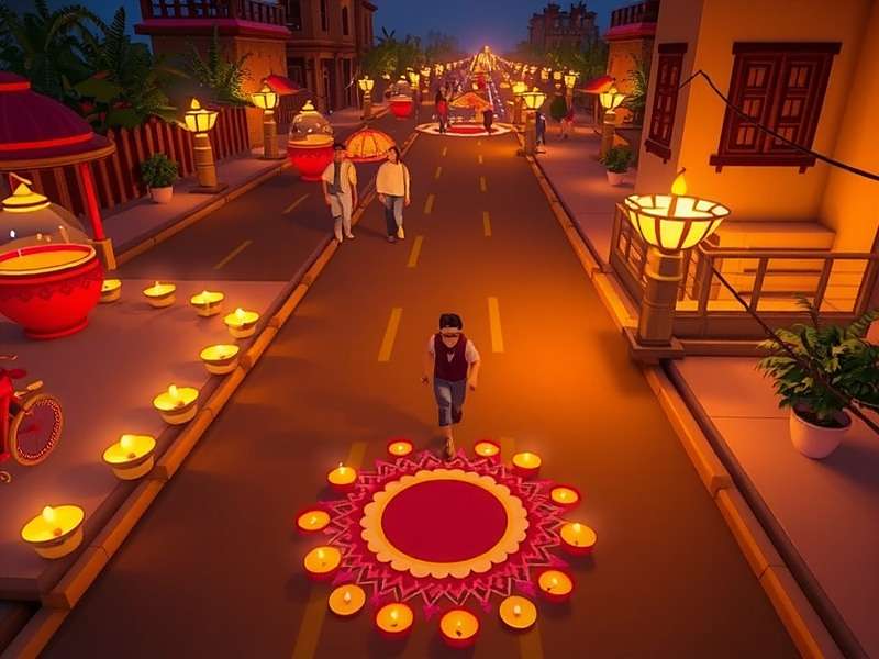 Pepper Run Legend - Diwali Dhamaka Event Pepper Run Legend Diwali event showing a character running through a street lit with diyas and rangoli